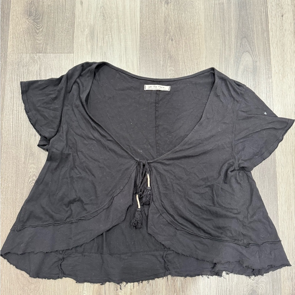 Free People Gray Crop Blouse with Tie Front